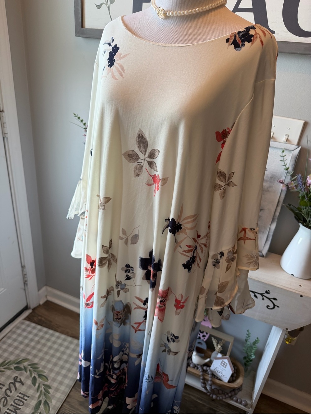Cream Floral Ombre Midi Dress